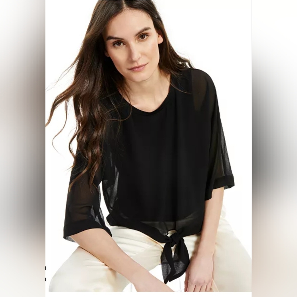 Zara small black sheer short sleeve lined tank tie hem blouse top chic Shirt